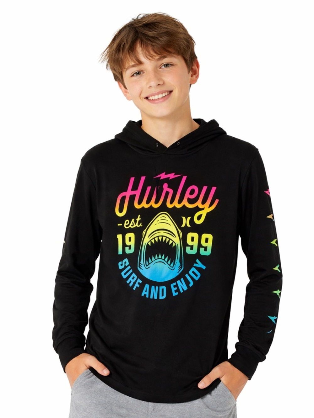 Hurley Black Hoodie with Neon Multicolor Shark Graphic